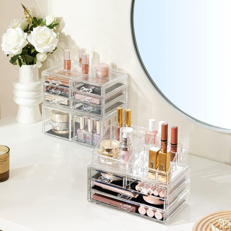 Photo 3 of HBlife Makeup Organizer Acrylic Cosmetic Storage Drawers and Jewelry Display Box with 12 Drawers, 9.5 x 5.4 x 15.8 Inches, 4 Piece, Clear