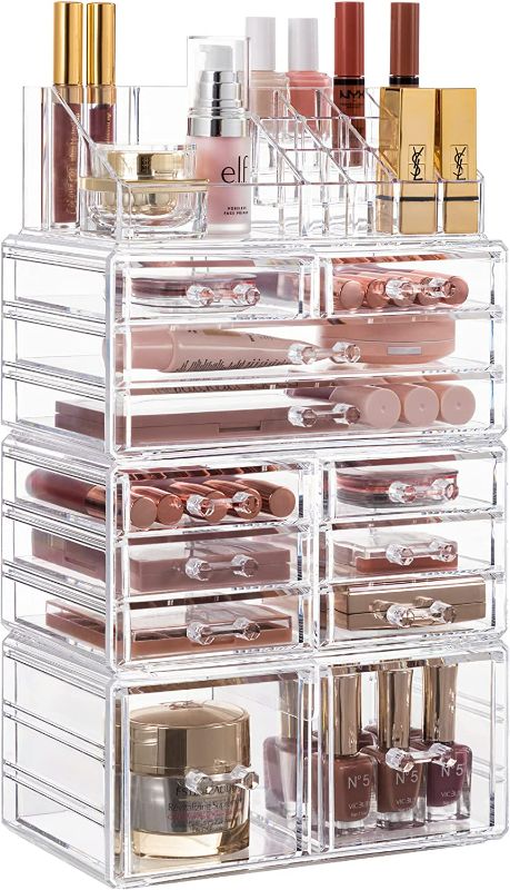 Photo 1 of HBlife Makeup Organizer Acrylic Cosmetic Storage Drawers and Jewelry Display Box with 12 Drawers, 9.5 x 5.4 x 15.8 Inches, 4 Piece, Clear