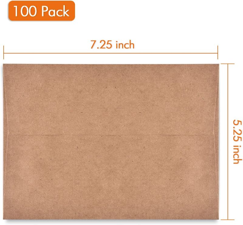 Photo 2 of 100 Pack A7 Brown Kraft Paper Invitation 5 x 7 Envelopes - Quick Self Seal For 5x7 Cards| Perfect for Weddings, Invitations, Baby Shower| Stationery For General, Office | 5.25 x 7.25 Inches