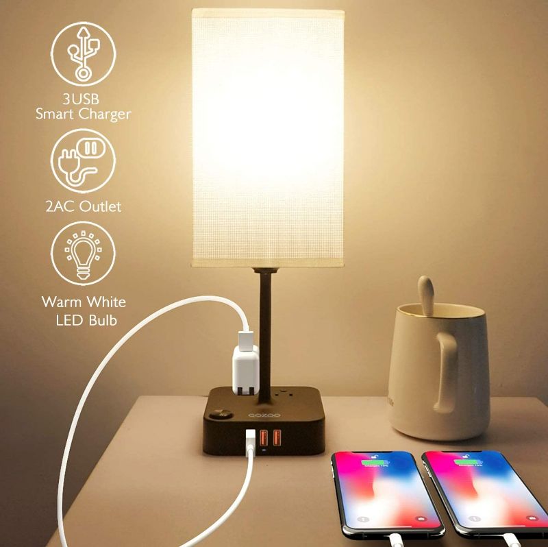 Photo 1 of COZOO USB Bedside Table & Desk Lamp with 3 USB Charging Ports and 2 Outlets Power Strip,Black Charger Base with White Fabric Shade, LED Light for Bedroom/Nightstand/Living Room
