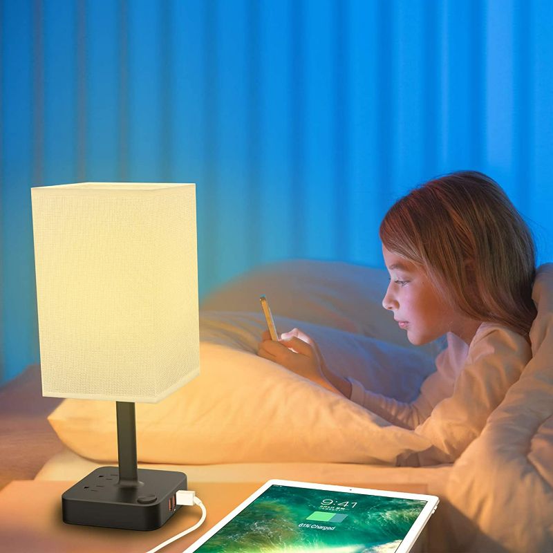 Photo 2 of COZOO USB Bedside Table & Desk Lamp with 3 USB Charging Ports and 2 Outlets Power Strip,Black Charger Base with White Fabric Shade, LED Light for Bedroom/Nightstand/Living Room
