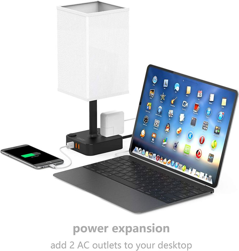 Photo 3 of COZOO USB Bedside Table & Desk Lamp with 3 USB Charging Ports and 2 Outlets Power Strip,Black Charger Base with White Fabric Shade, LED Light for Bedroom/Nightstand/Living Room
