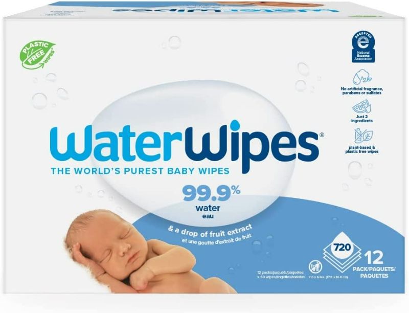 Photo 1 of WaterWipes Plastic-Free Original Baby Wipes, 99.9% Water Based Wipes, Unscented & Hypoallergenic for Sensitive Skin, 180 Count (3 packs), Packaging May Vary