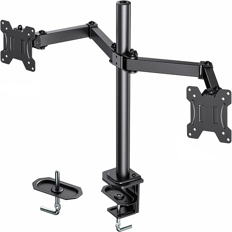 Photo 1 of HUANUO Dual Monitor Arms Desk Mount for 13 to 27 inch, Heavy Duty Fully Adjustable Monitor Stand for 2 Monitor, 75x75mm/100x100mm VESA Mount with C Clamp/Grommet Mount, Holds up to 17.6lbs Per Arm
