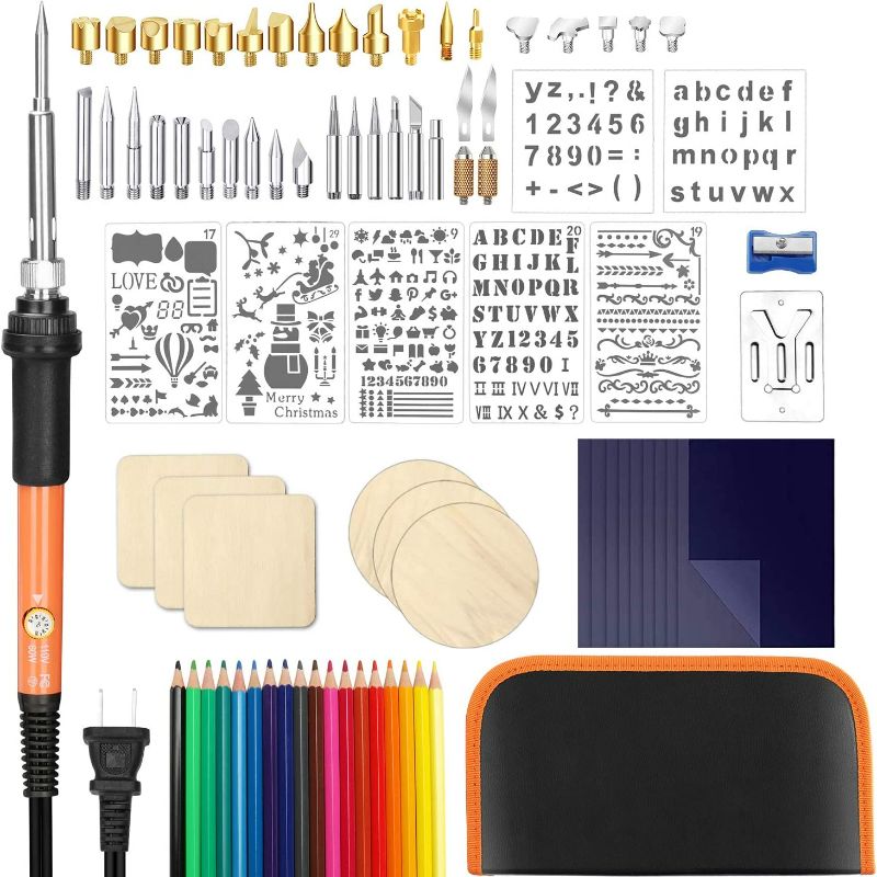 Photo 1 of 86Pcs Wood Burning Kit,60W Pyrography Pen Set with Adjust Temp Switch 200~450 ?, Wood Burner Tool-Embossing,Carving,Soldering Tips,Stencils,Color Pencils,Carbon,Holder,Case,Gifts for Men Dad Him

