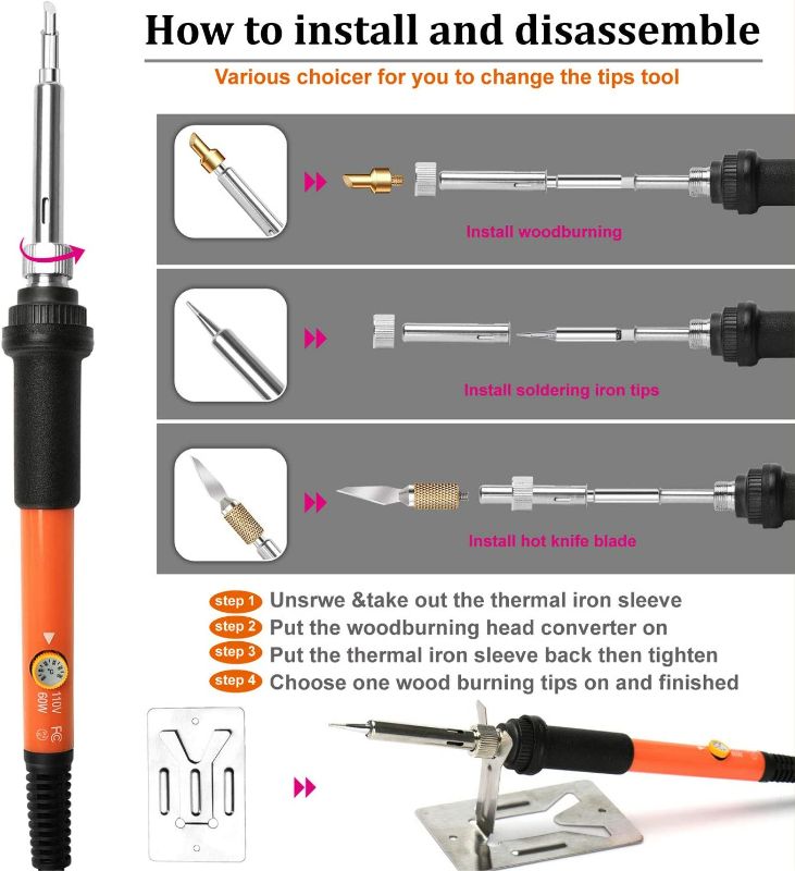 Photo 2 of 86Pcs Wood Burning Kit,60W Pyrography Pen Set with Adjust Temp Switch 200~450 ?, Wood Burner Tool-Embossing,Carving,Soldering Tips,Stencils,Color Pencils,Carbon,Holder,Case,Gifts for Men Dad Him
