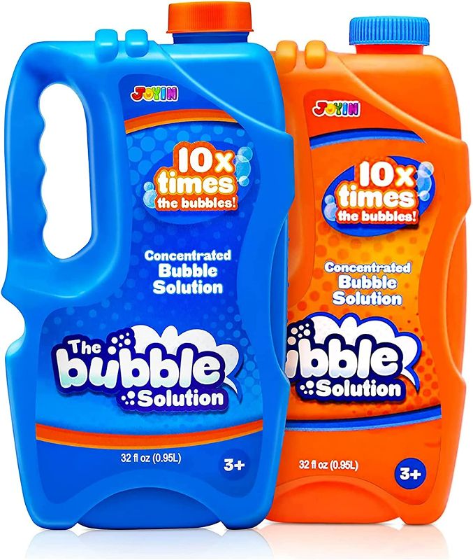 Photo 1 of JOYIN 2 Bottles Bubbles Refill Solutions 64 oz (up to 5 Gallon) Big Bubble Solution 64 OZ Concentrated Bubble Solution for Bubble Machine, Gun, Wand Refill Fluid Summer, Easter Toys(Orange+Blue)
