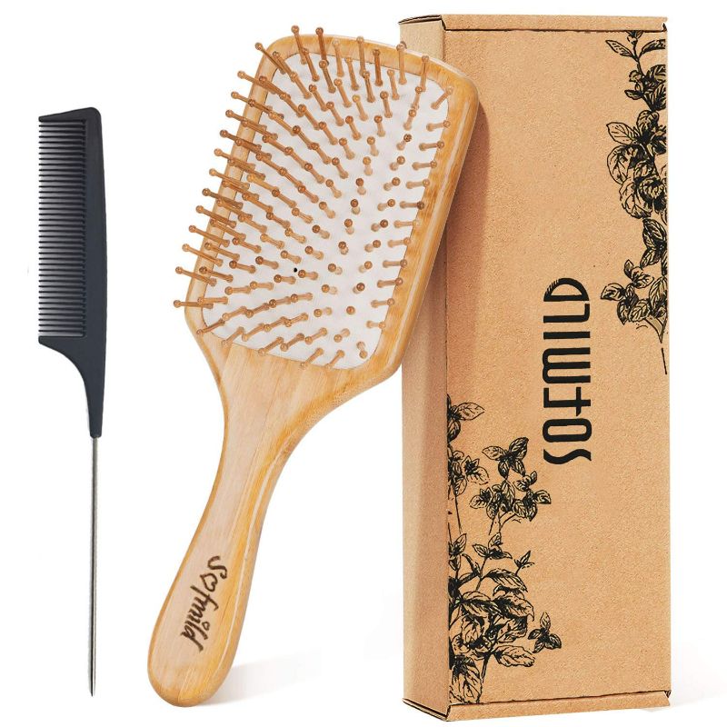 Photo 1 of Hair Brush-Natural Wooden Bamboo Brush and Detangle Tail Comb Instead of Brush Cleaner Tool, Eco Friendly Paddle Hairbrush for Women Men and Kids Make Thin Long Curly Hair Health and Massage Scalp
