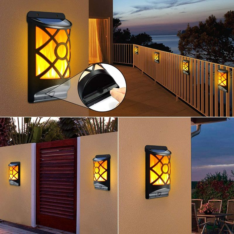 Photo 2 of LazyBuddy Solar Flame Lights Outdoor, Flickering Flames Solar Wall Light, Fire Effect 66LED Auto On/Off Solar Powered Wall Mounted Torch Light for Fence, Patio, Deck, Landscape Decoration (4 Pack)
