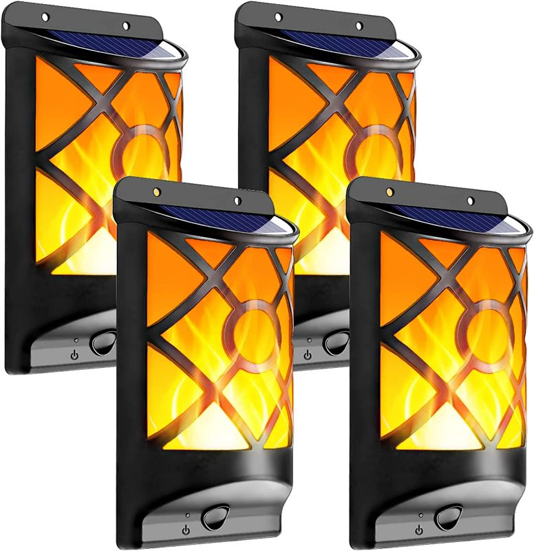 Photo 1 of LazyBuddy Solar Flame Lights Outdoor, Flickering Flames Solar Wall Light, Fire Effect 66LED Auto On/Off Solar Powered Wall Mounted Torch Light for Fence, Patio, Deck, Landscape Decoration (4 Pack)

