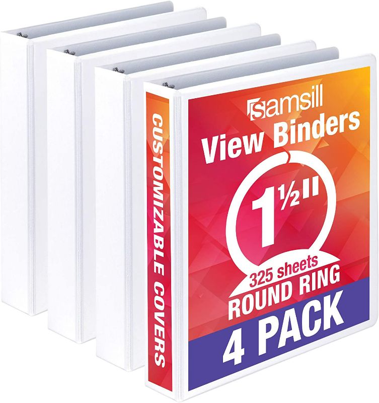 Photo 1 of Samsill Economy 1.5 Inch 3 Ring Binder, Made in the USA, Round Ring Binder, Customizable Clear View Cover, White, 4 Pack (MP48557)
