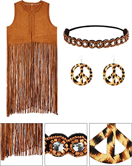 Photo 2 of WILLBOND 4 Piece Women Hippie Costume Set 60s 70s Fringe Vest Faux Seude Tassels vest
