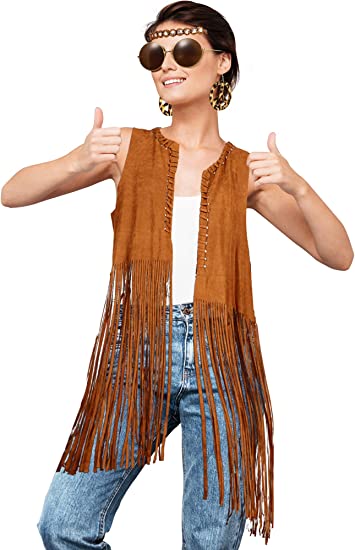 Photo 3 of WILLBOND 4 Piece Women Hippie Costume Set 60s 70s Fringe Vest Faux Seude Tassels vest
