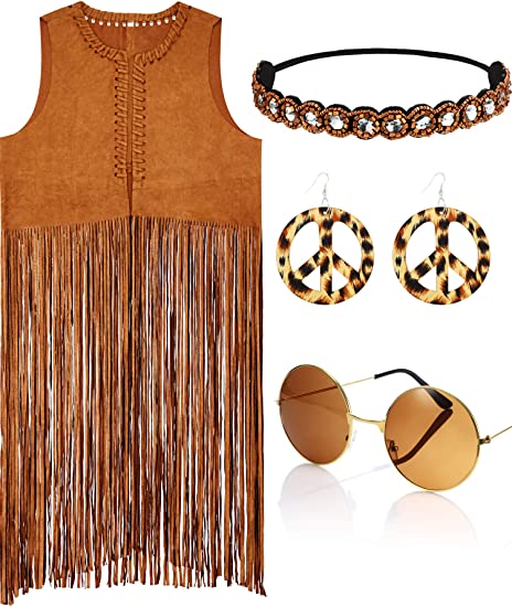 Photo 1 of WILLBOND 4 Piece Women Hippie Costume Set 60s 70s Fringe Vest Faux Seude Tassels vest
