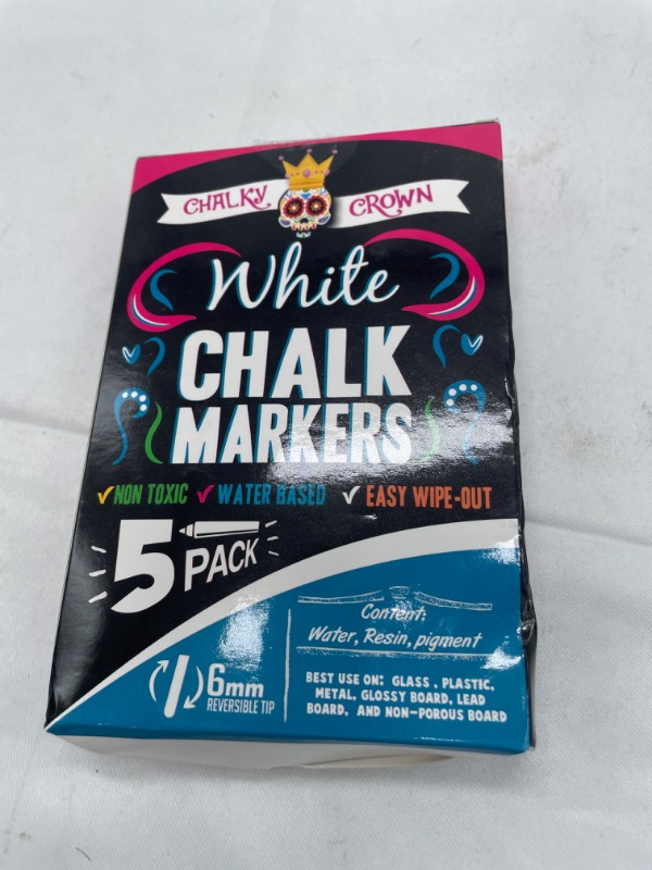 Photo 2 of Liquid Chalk Marker Pen - White Drawing Chalk - Chalk Markers for Chalkboard Signs, Windows, Blackboard, Glass - 6mm Reversible Tip (5 Pack) - 24 Chalkboard Labels Included White 5 Pack