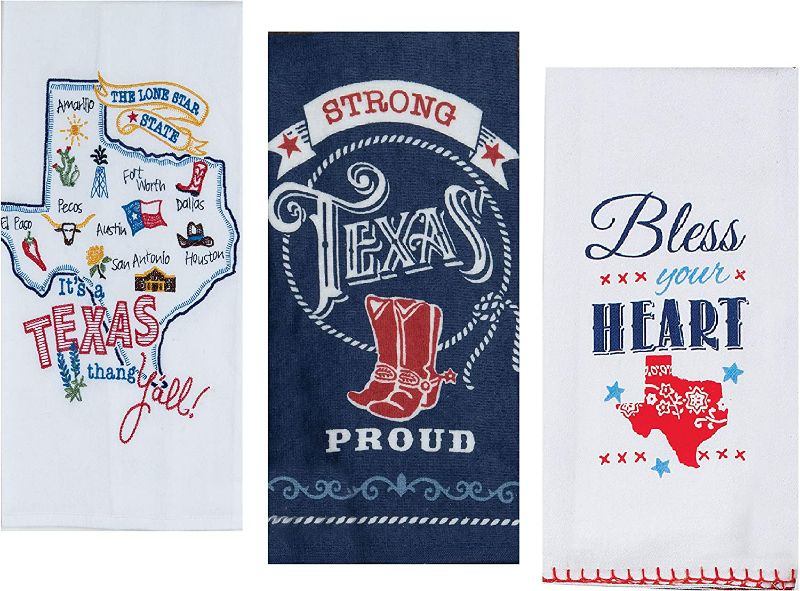 Photo 1 of 3 Texas Themed Decorative Cotton Kitchen Towels Set with White, Blue and Red Print | 2 Flour Sack and 1 Terry Towel for Dish and Hand Drying | By Kay Dee Designs
