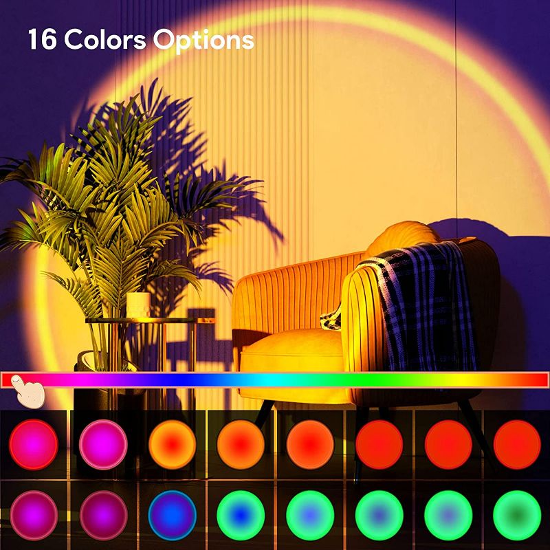 Photo 2 of Bavcieu Sunset Lamp Projection Led Lights with Remote, 16 Colors Night Light 360° Rotation Rainbow Lights 4 Modes Setting for Photography/Selfie/ Party/Home/Living Room/Bedroom Decor, Gifts for Women
