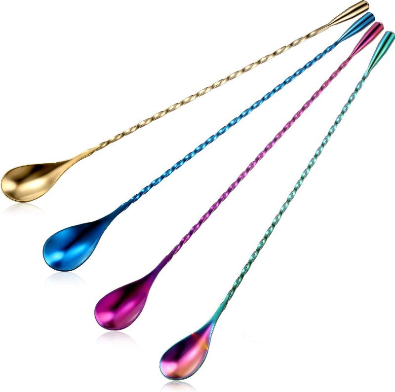 Photo 1 of 4 Pieces Cocktail Spoon Bar Stirring Spoon Long Handle Stainless Steel Spiral Pattern Cocktail Mixing Shaker Spoon, 12 Inch, 4 Colors (Multicolor, Blue, Purple, Champagne)
