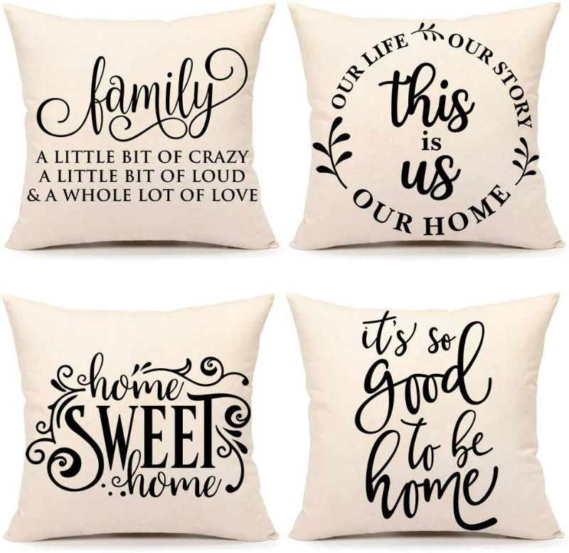 Photo 1 of 4TH Emotion Farmhouse Decoration Pillow Covers 18x18 Set of 4 Family Saying This is us Our Home Cushion Case for Sofa Couch Linen Porch Decor
