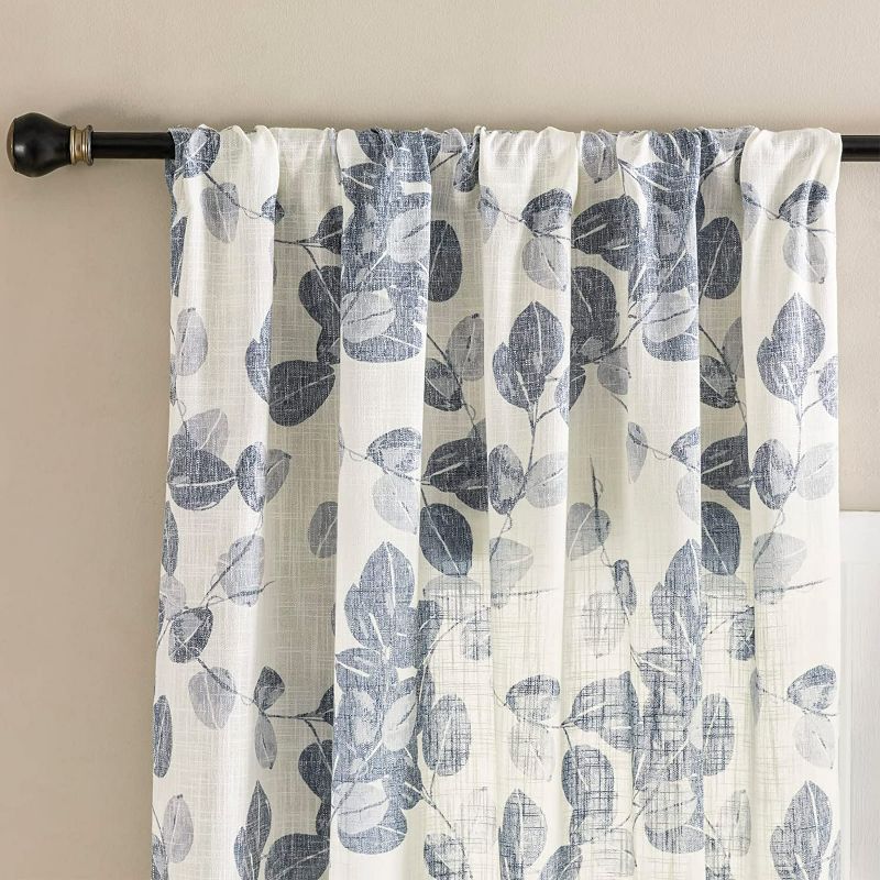 Photo 3 of Maison Colette Back Tab Botanical Leaf Printed Semi Sheer Linen Curtains 84 Inch Long for Living Room ,Casual Elegant Modern Rod Pocket Window Drapes for Bedroom, 2 Panels ,50" Width,Navy Blue
