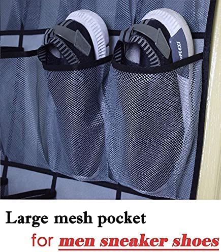 Photo 2 of Over The Door Hanging Shoe Organizer 24 Extra Large Mesh Pockets Hanging Shoe Rack Holders for Closet Storage Men Sneakers,High Heeled Shoes,Double Stitching with 4 Metal Hooks,Gray 65.4"X23.6"

