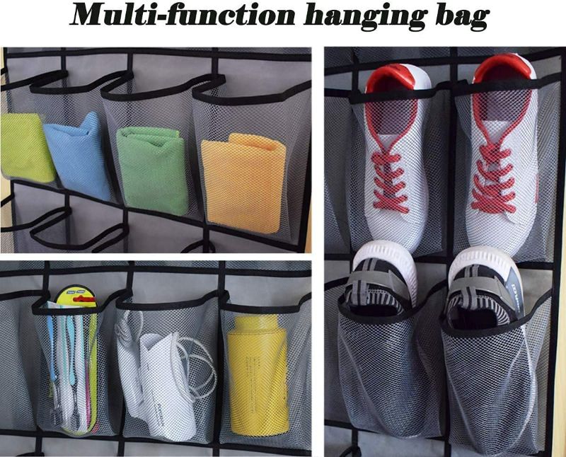 Photo 3 of Over The Door Hanging Shoe Organizer 24 Extra Large Mesh Pockets Hanging Shoe Rack Holders for Closet Storage Men Sneakers,High Heeled Shoes,Double Stitching with 4 Metal Hooks,Gray 65.4"X23.6"

