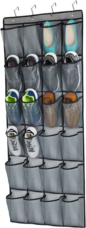 Photo 1 of Over The Door Hanging Shoe Organizer 24 Extra Large Mesh Pockets Hanging Shoe Rack Holders for Closet Storage Men Sneakers,High Heeled Shoes,Double Stitching with 4 Metal Hooks,Gray 65.4"X23.6"
