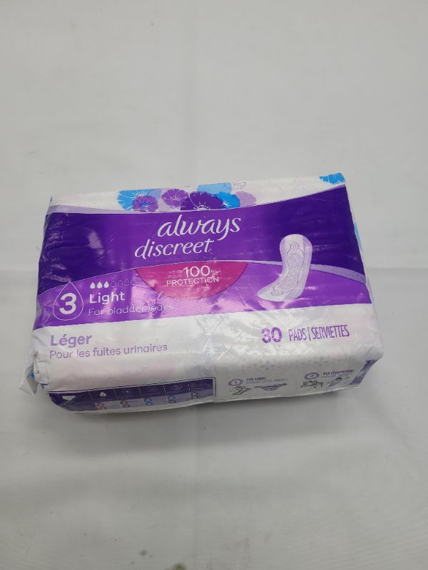 Photo 2 of Always Discreet, Incontinence & Postpartum Liners For Women, Size 3, Light Absorbency, Regular Length, 30 Count