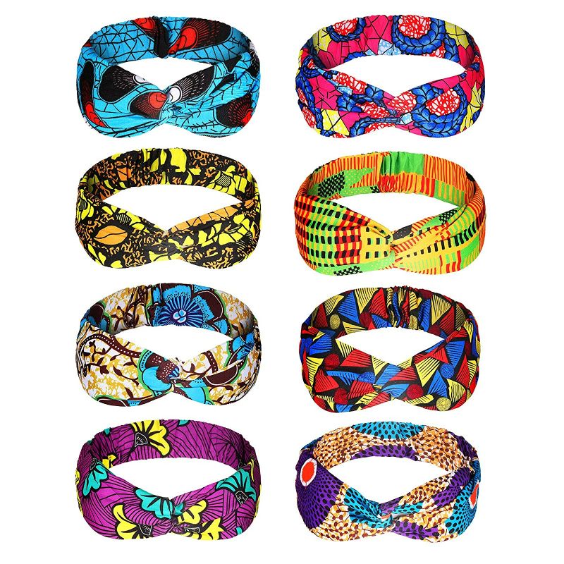 Photo 1 of 8 Pieces African Headband Boho Printed Headbands Yoga Sports Workout Headbands Elastic Head Wrap Hair Accessories for Women and Girls Hair Decorations