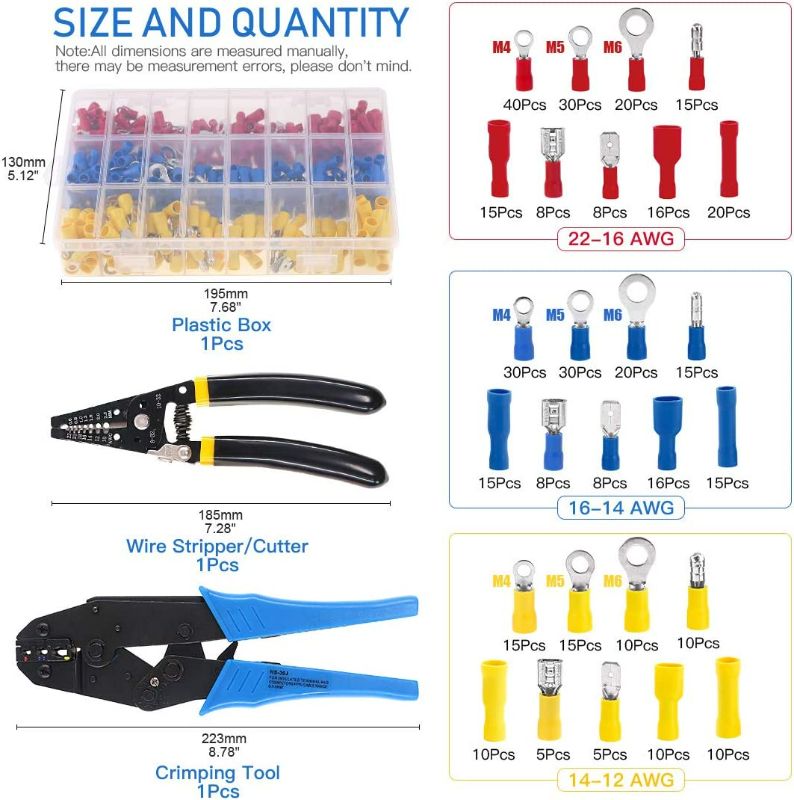 Photo 2 of Glarks Wire Terminals Crimping Tool Set, Insulated Wire Terminals Connectors Ratcheting Crimper Tool 22-10AWG with 419Pcs Insulated Butt Bullet Spade Ring Crimp Terminal Connector and a Wire Stripper