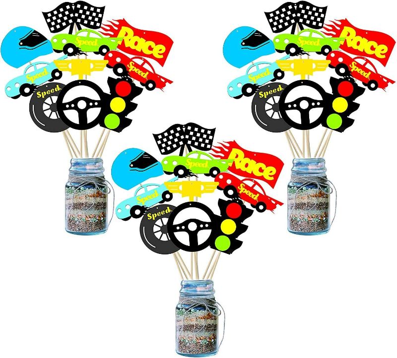 Photo 1 of BeYumi 30 Pack Racecar Centerpiece Sticks Bobber Table Toppers Cupcake Toppers-Let’s Go Racing Themed Party Favors Ideas Photo Booth Props Decorations (2PACK)