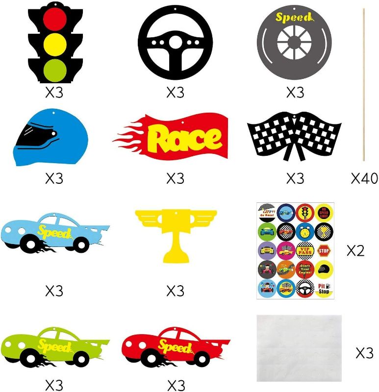 Photo 2 of BeYumi 30 Pack Racecar Centerpiece Sticks Bobber Table Toppers Cupcake Toppers-Let’s Go Racing Themed Party Favors Ideas Photo Booth Props Decorations (2PACK)