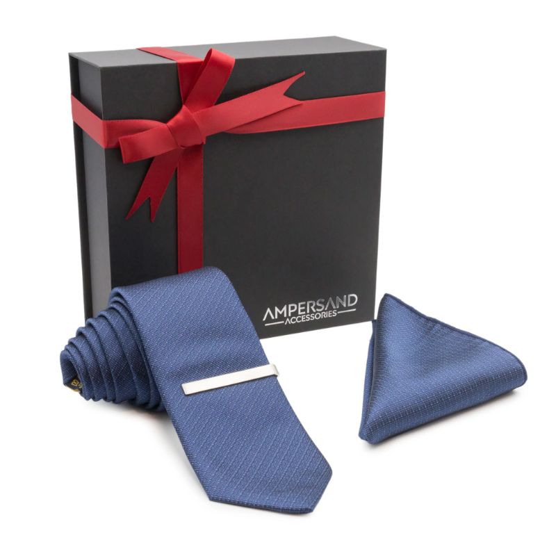 Photo 1 of Sapphire Blue Tie Set For Men | Silk Necktie, Pocket Square, Necktie Clip, and Luxury Gift Box