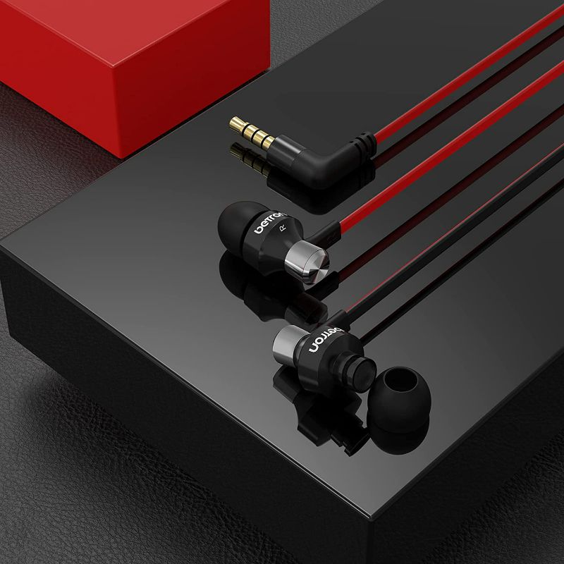 Photo 2 of Betron DC950 in Ear Headphones Wired Earphones Noise Isolating Earbuds with Microphone Volume Control Tangle Free Cable HD Bass Lightweight Case Ear Bud Tips 3.5 mm Jack Plug, Black