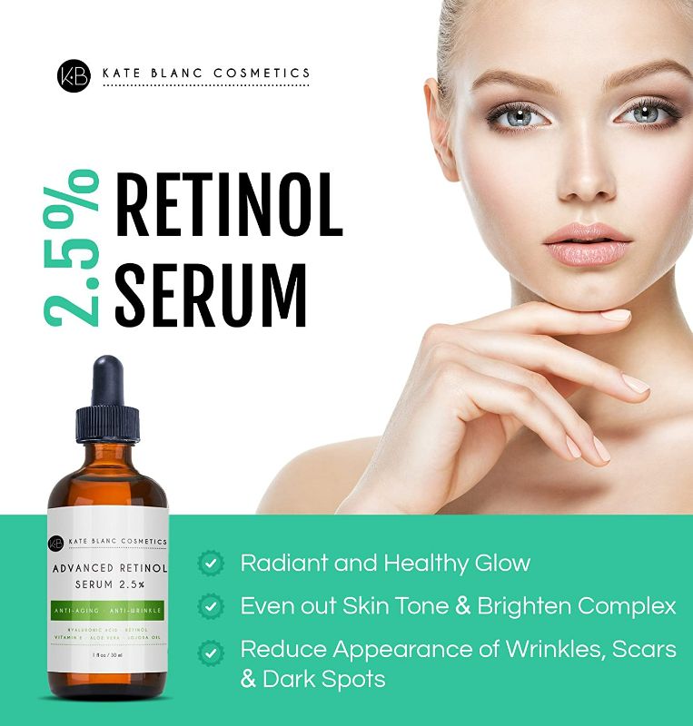 Photo 1 of Retinol Serum 2.5% with Hyaluronic Acid & Vitamin E, C for Face, Acne Scars, Dark Spots by Kate Blanc. High Strength Anti-Aging Topical Facial Serum Without a Prescription. Organic Ingredients (1 oz)