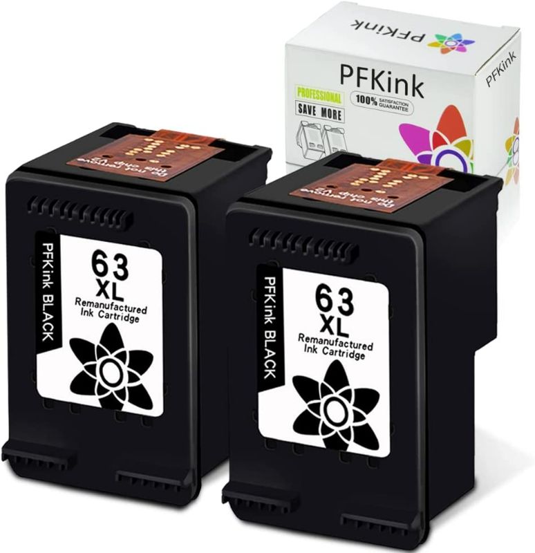 Photo 1 of PFKink Remanufactured 63 Black Ink Cartridge Replacement for HP 63 63XL Work with Envy 4520 4512 4516 Officejet 5252 3830 3833 4655 5255 Deskjet 1112 2130 3630 3634 Printer (2 Black)