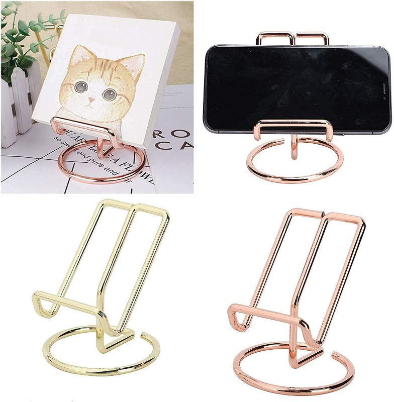 Photo 3 of 4pcs Phone Tablet Stand, Metal Phone Stand for Desk Gold Phone Holder Stand Desktop Mobile Phone Holder Pink Cell Phone Stand with Round Dock for Desk
