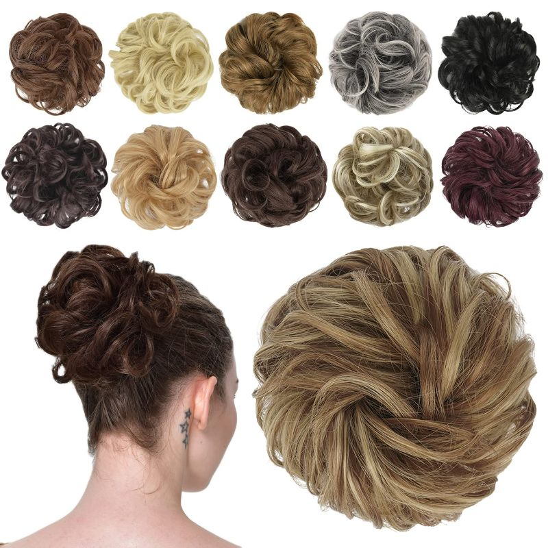 Photo 1 of FESHFEN Messy Bun Hair Piece Hair Bun Scrunchies Hairpieces for Women Medium Warm Brown Synthetic Wavy Chignon Ponytail Hair Extensions Thick Updo Hairpiece for Daily Wear 1PCS