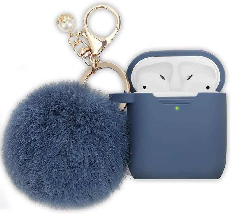Photo 1 of Filoto Case for Airpods , Airpod Case Cover for Apple Airpods 2&1 Charging Case, Cute Air Pods Silicone Protective Accessories Cases/Keychain/Pompom, Best Gift for Girls and Women, Denim Blue