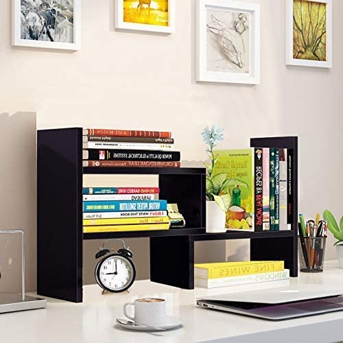 Photo 1 of Desktop Bookshelf Desk Storage Organizer Adjustable Wood Desktop Display Shelf Rack Counter Office Storage Rack Top Bookcase - Free Style Display Natural Stand Office Supplies Desk Organizer, Black