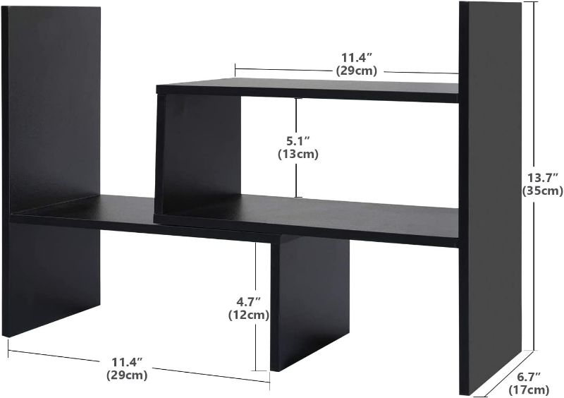 Photo 2 of Desktop Bookshelf Desk Storage Organizer Adjustable Wood Desktop Display Shelf Rack Counter Office Storage Rack Top Bookcase - Free Style Display Natural Stand Office Supplies Desk Organizer, Black