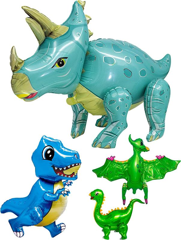 Photo 2 of 4 Pcs Vivid 3D Dinosaur Balloons for Birthday Party Decorations Standing Assemble Movable Limbs Jungle Party Mylar Balloons with Rex Triceratops Pterosaur Stegosauru