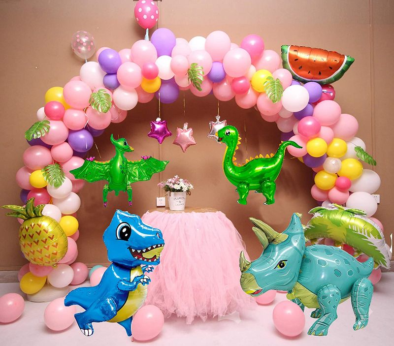 Photo 1 of 4 Pcs Vivid 3D Dinosaur Balloons for Birthday Party Decorations Standing Assemble Movable Limbs Jungle Party Mylar Balloons with Rex Triceratops Pterosaur Stegosauru