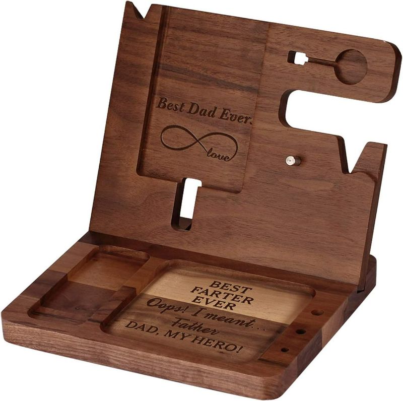 Photo 2 of Ideas for Dad -Wooden Phone Docking Station, Personalized Idea, Custom Engraved Nightstand Organizer with Phone Charge Station, Watch, Key, Wallet Stand, Best Presents for Father's Day, Birthday
