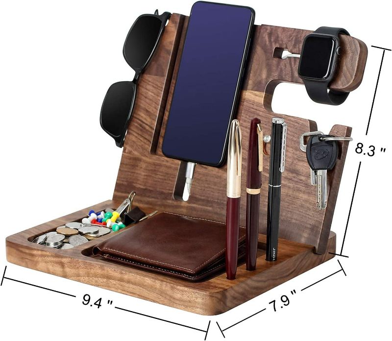 Photo 3 of Ideas for Dad -Wooden Phone Docking Station, Personalized Idea, Custom Engraved Nightstand Organizer with Phone Charge Station, Watch, Key, Wallet Stand, Best Presents for Father's Day, Birthday
