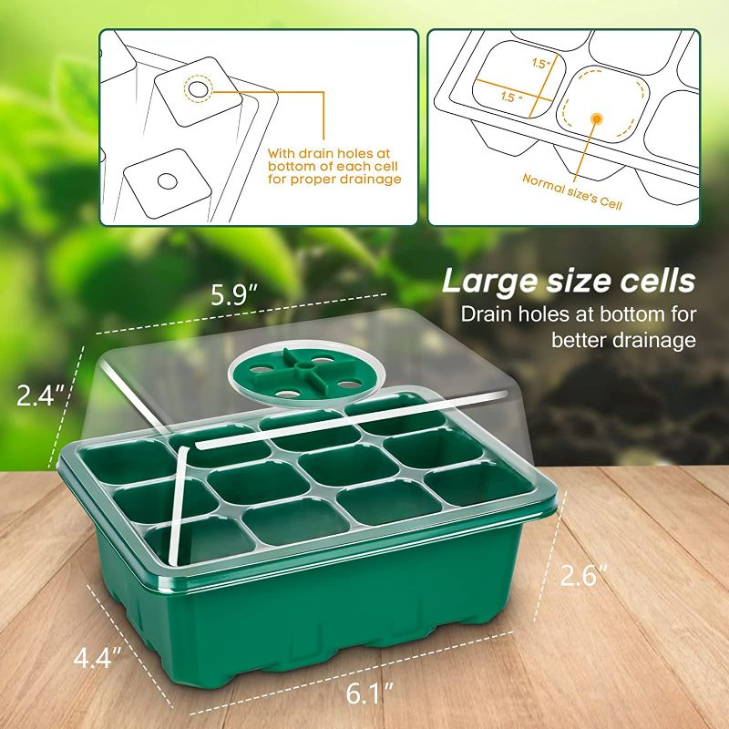 Photo 2 of Bonviee 5-Pack Seed Starter Tray Seedling Starter Kits, Plant Starter Kit with Humidity Domes and Base Indoor Greenhouse Mini Propagator Station for Seeds Growing Starting (12 Cells per Tray) - Green 5 Sets Green
