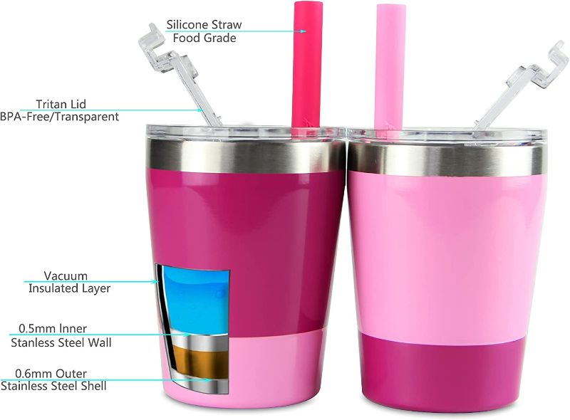 Photo 2 of (light-blue/rose 2PACK) Kids Toddler Cups with Straws,2 Pack 8 oz Kids Smoothie Cups Vacuum Insulated Stainless Steel Kids Tumbler Cups with Leak Proof Lids Silicone Straws,BPA Free Stackable Baby Sippy Drinking Cups
