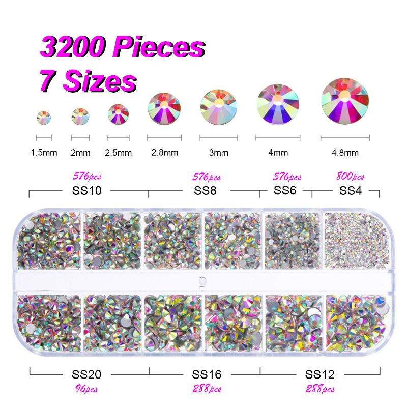 Photo 2 of (2pack) FITDON 3200pcs Flat Back Round Crystal AB Rhinestones Iridescent Glass Charms Nail Stones Gems with Pick Up Tweezers Rhinestones Picking Pen Dual-use Brush Dotting Tools
