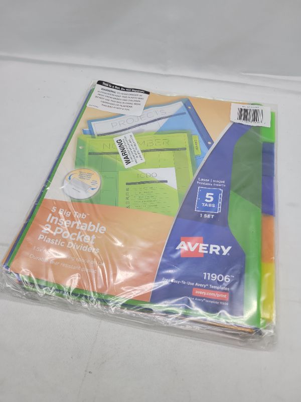 Photo 2 of (3 Sets (11906) 5 Tab 3-pack) Avery 5-Tab Plastic Binder Dividers with Pockets, Insertable Multicolor Big Tabs