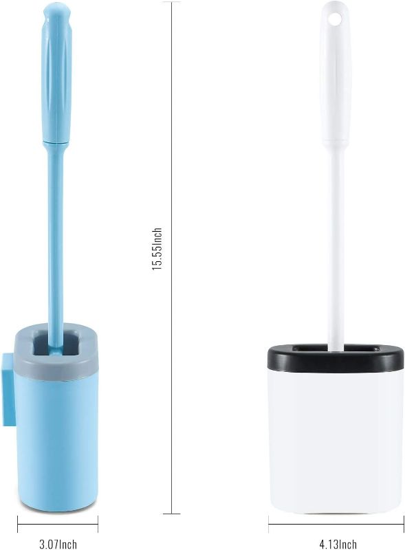 Photo 3 of 2pcs silicone Elastic toilet brush and holder, Mounted bathroom toilet scrubber bowl cleaner brush brushes, Deep-Cleaning Quick Drying Bendable Brush Head Non-Slip Long Plastic Handle(white+blue)